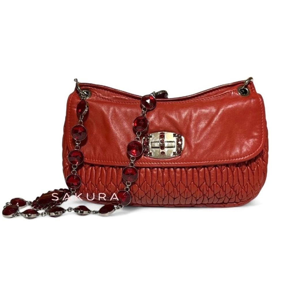 Miu Miu Cherry Red Shoulder Bag with Gem Chain